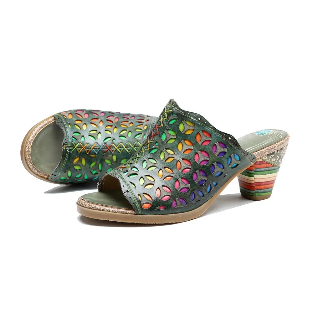 Hollowed-Out Retro Colorful Leather Sandals