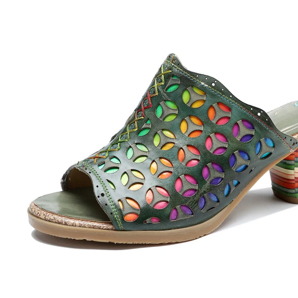 Hollowed-Out Retro Colorful Leather Sandals