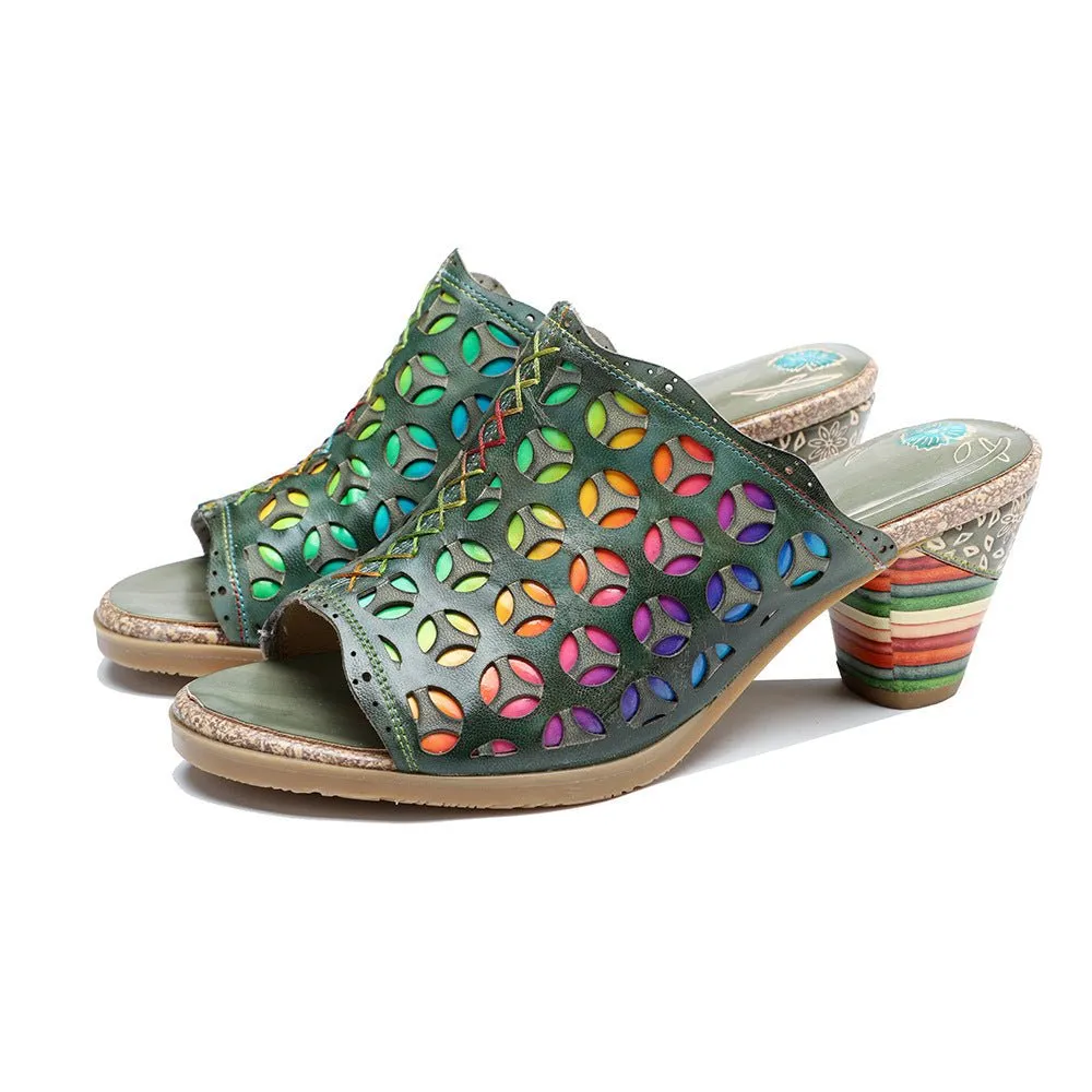 Hollowed-Out Retro Colorful Leather Sandals