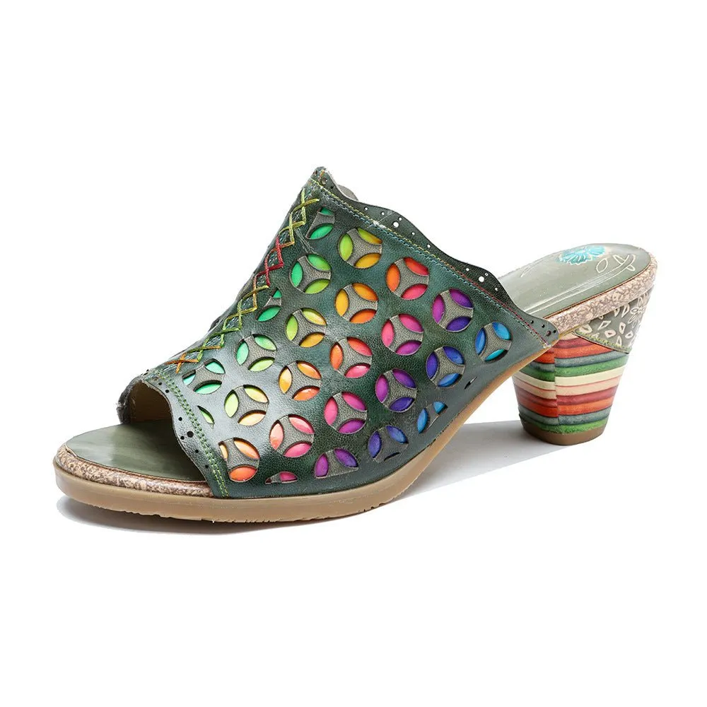 Hollowed-Out Retro Colorful Leather Sandals