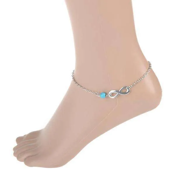 Infinity Turqouise Bead Minimalist Ankle Bracelet for Woman or Teen Beach or Casual Wear Boho-Glam