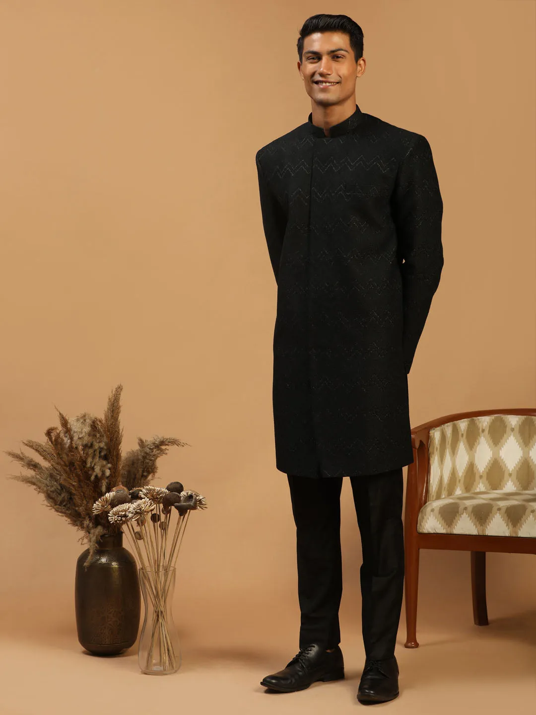 Jashvi Men's Black Glitter Indo Western Sherwani Set