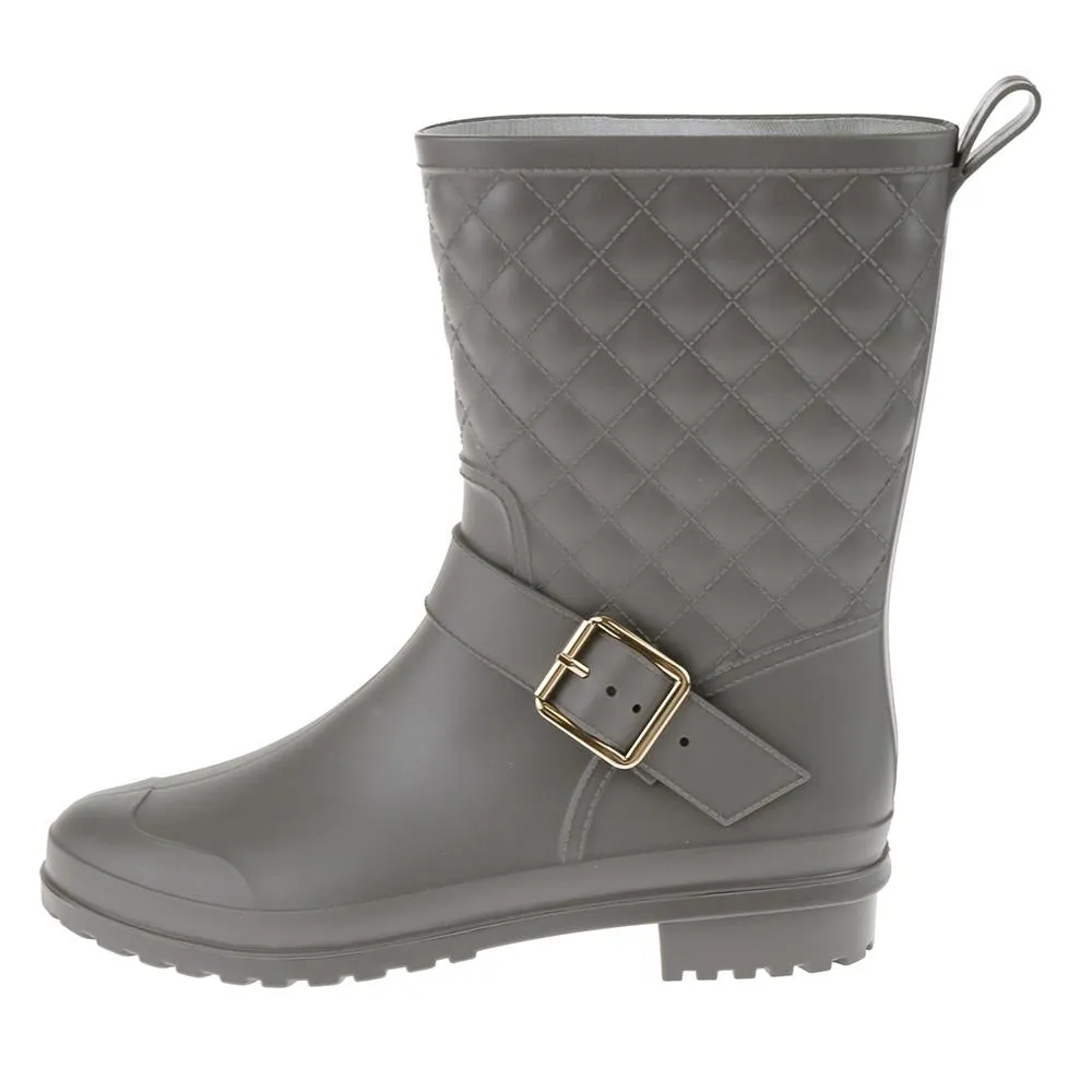 Ladies Matte Solid Grey Quilted Mid-Calf Rain Boot