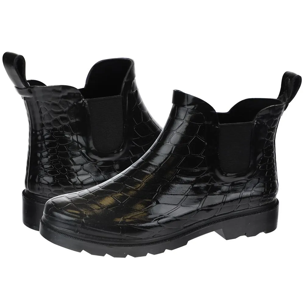 Ladies Shiny Croco Embossed Short Rain Boot