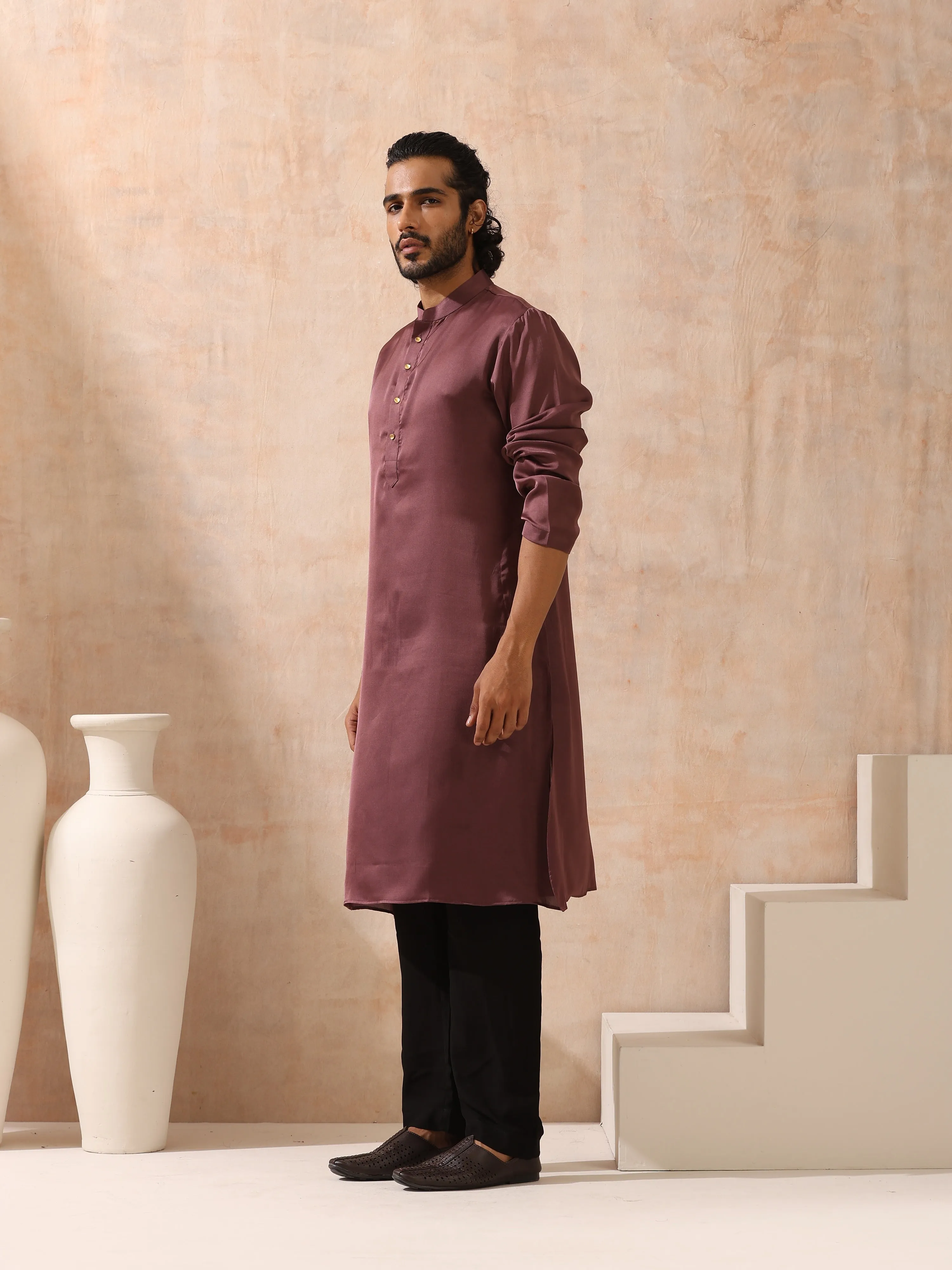 Mens Chocolate Kurta with Gold Buttons