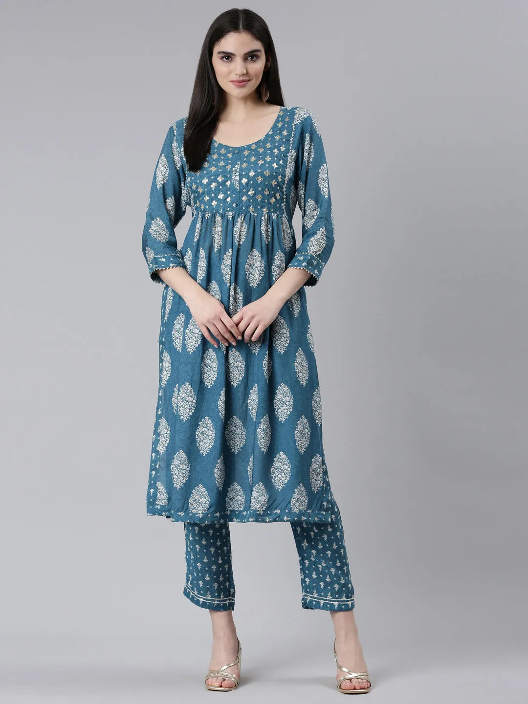 Neeru's Green Pleated Straight Printed Kurta And Trousers