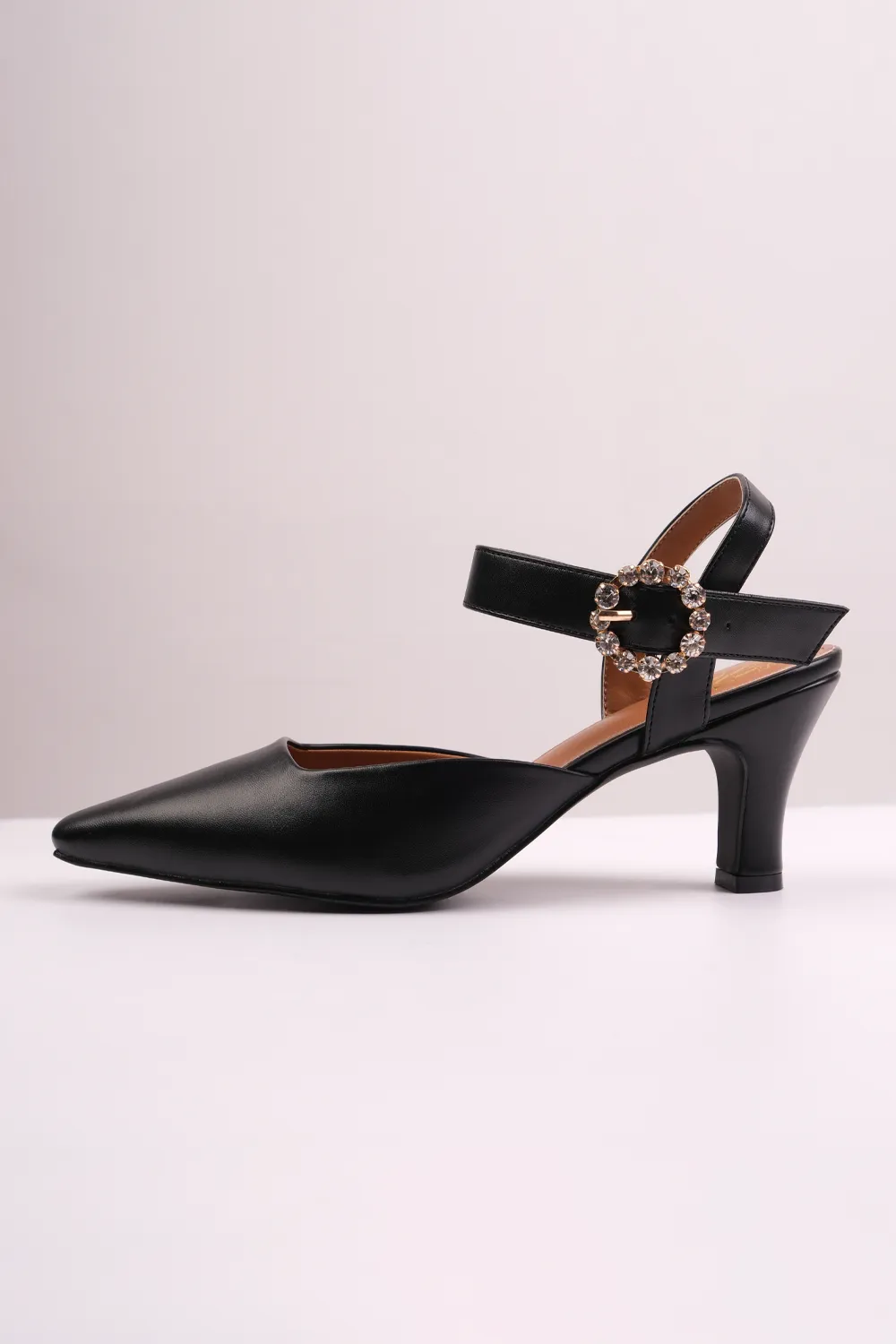 NEW FORM MID HEEL SANDALS WITH DIAMANTE BUCKLE DETAIL IN BLACK FAUX LEATHER