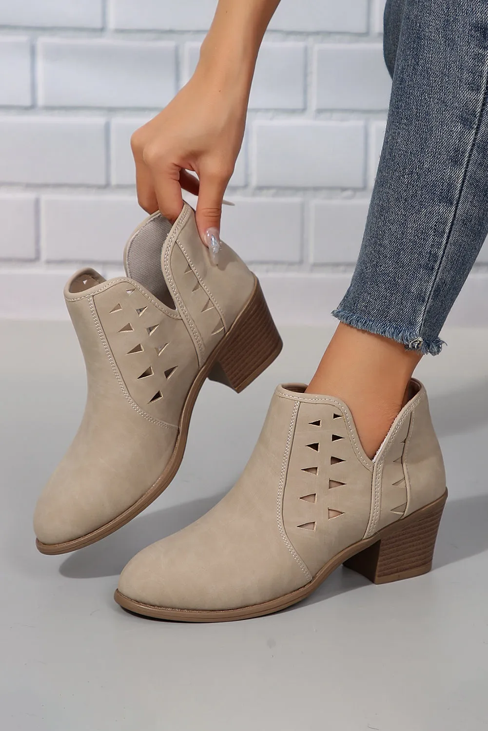 Parchment Cut Out Suede Pointed Toe Heeled Ankle Boots