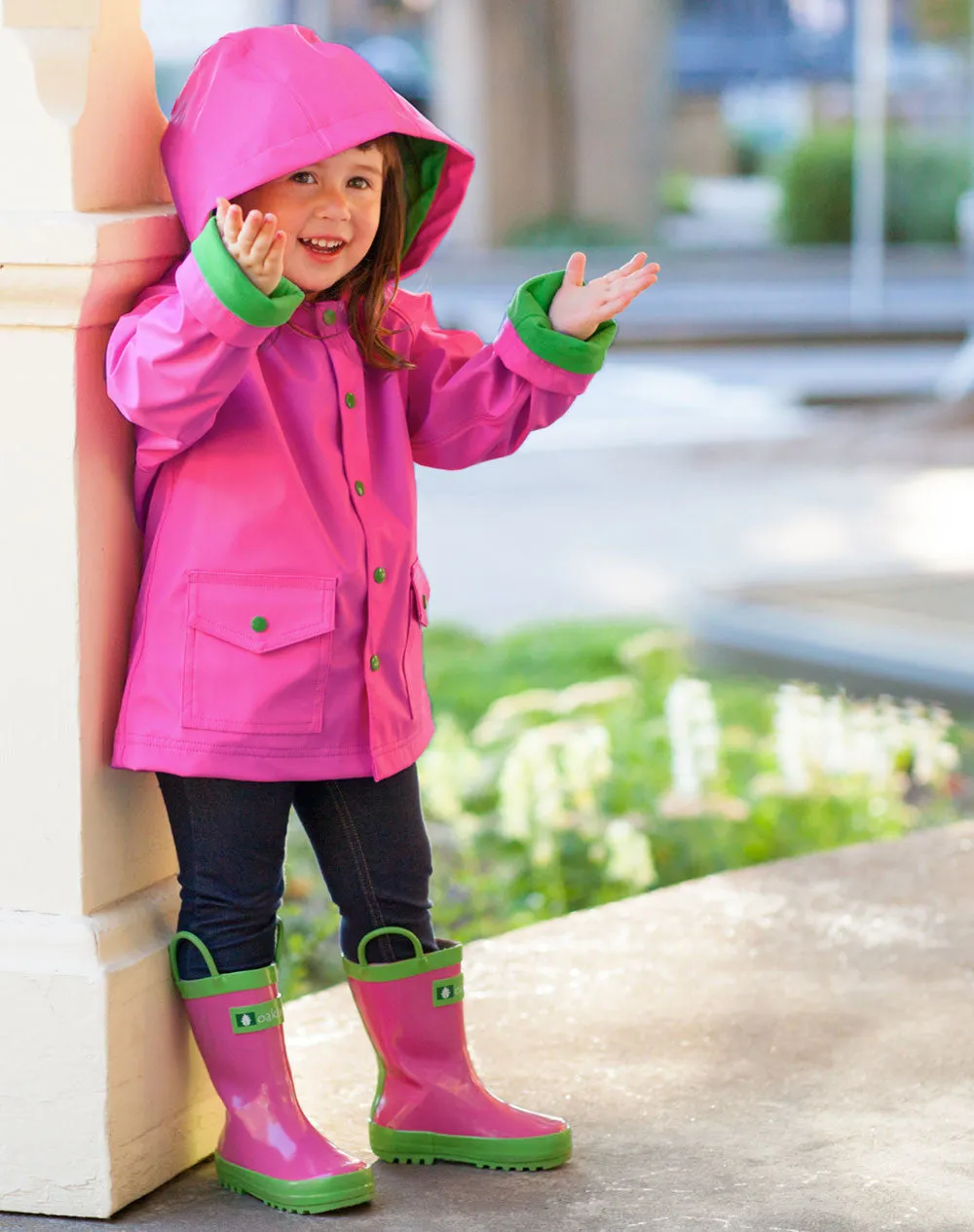 Pink & Green Loop Handle Rubber Rain Boots