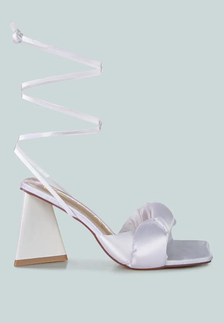 Pristine Satin Strap Triangular Block Heel Sandals