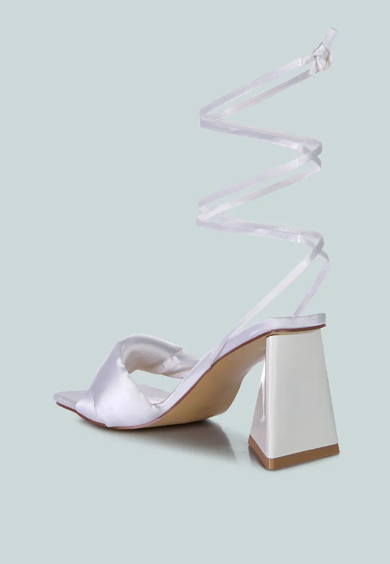 Pristine Satin Strap Triangular Block Heel Sandals