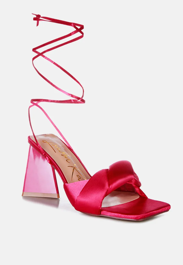 Pristine Satin Strap Triangular Block Heel Sandals