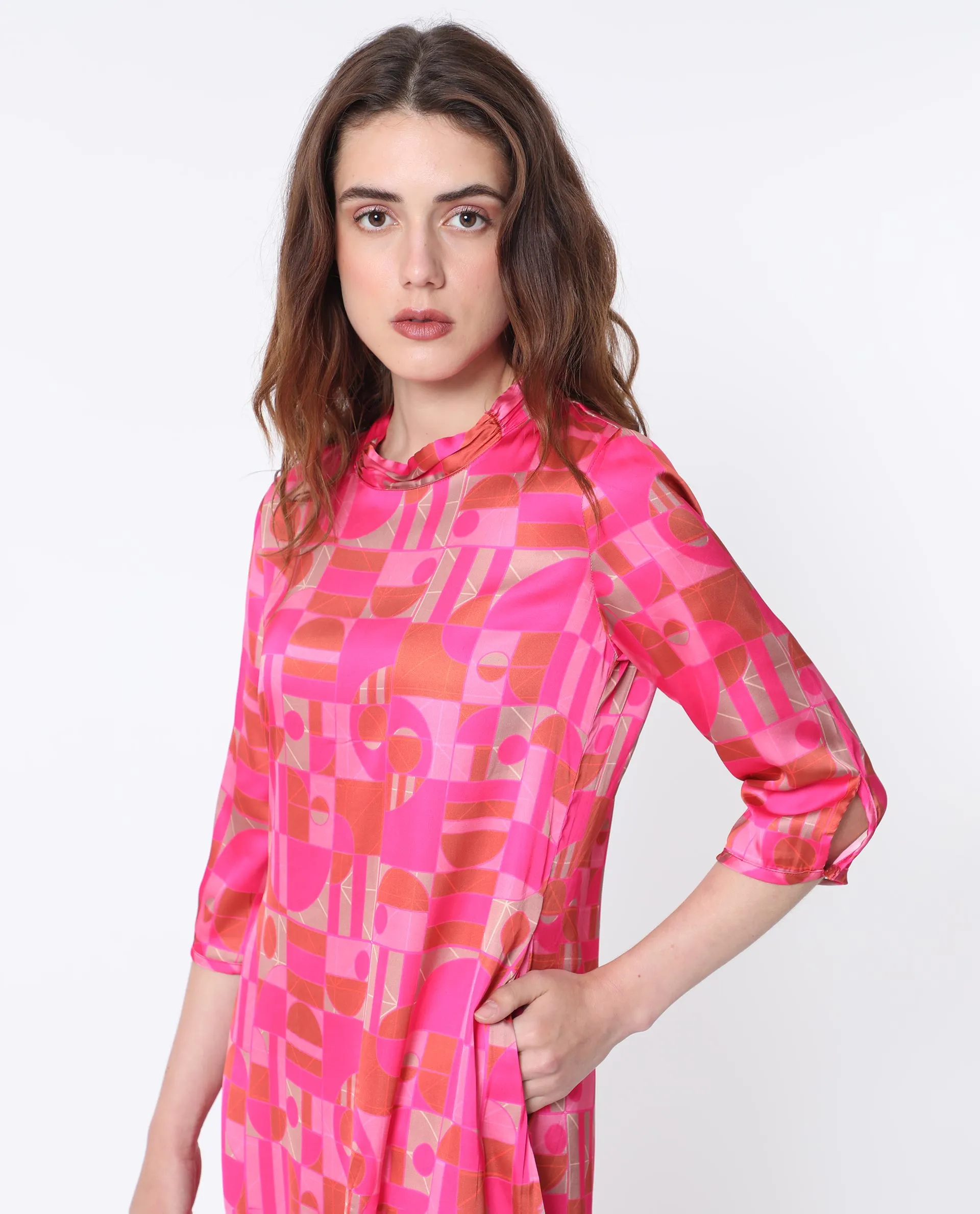 Rareism Women Johnstone Pink Polyester Fabric 3/4Th Sleeves Zip Closure High Neck Slim Fit Geometric Print Knee Length Asymmetric Dress