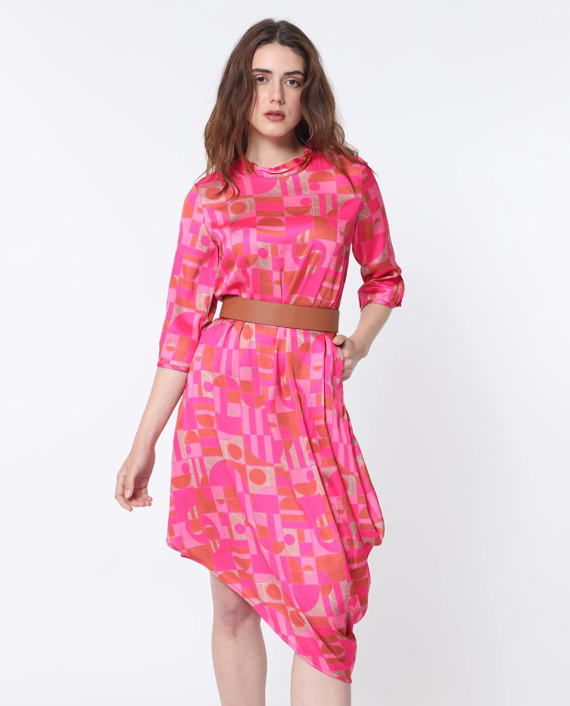 Rareism Women Johnstone Pink Polyester Fabric 3/4Th Sleeves Zip Closure High Neck Slim Fit Geometric Print Knee Length Asymmetric Dress