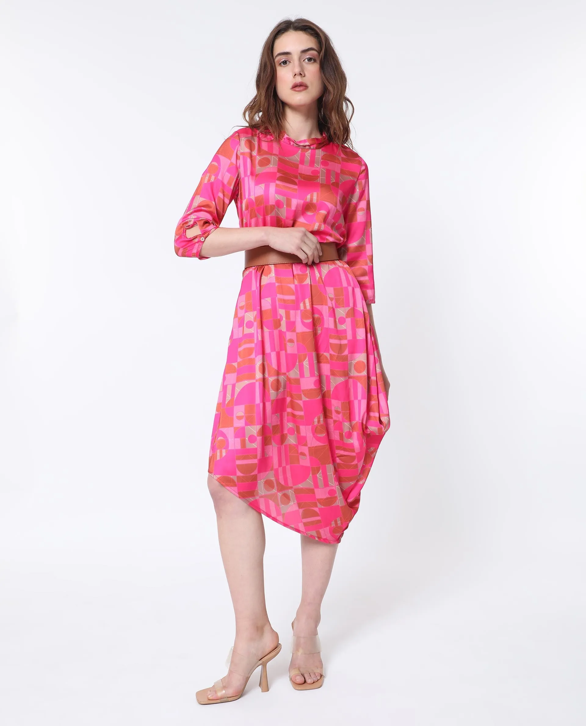 Rareism Women Johnstone Pink Polyester Fabric 3/4Th Sleeves Zip Closure High Neck Slim Fit Geometric Print Knee Length Asymmetric Dress