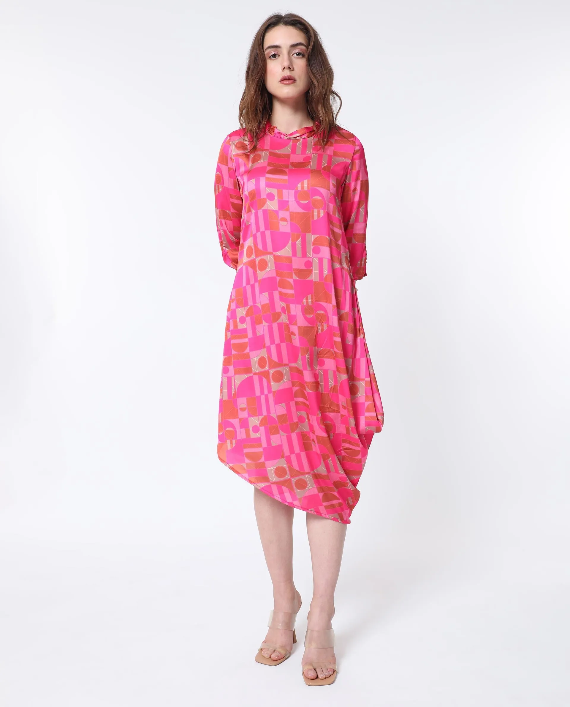 Rareism Women Johnstone Pink Polyester Fabric 3/4Th Sleeves Zip Closure High Neck Slim Fit Geometric Print Knee Length Asymmetric Dress