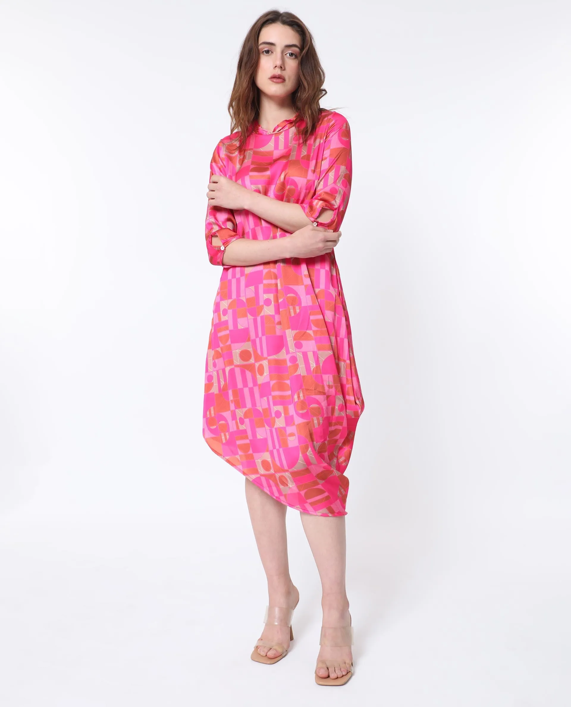 Rareism Women Johnstone Pink Polyester Fabric 3/4Th Sleeves Zip Closure High Neck Slim Fit Geometric Print Knee Length Asymmetric Dress