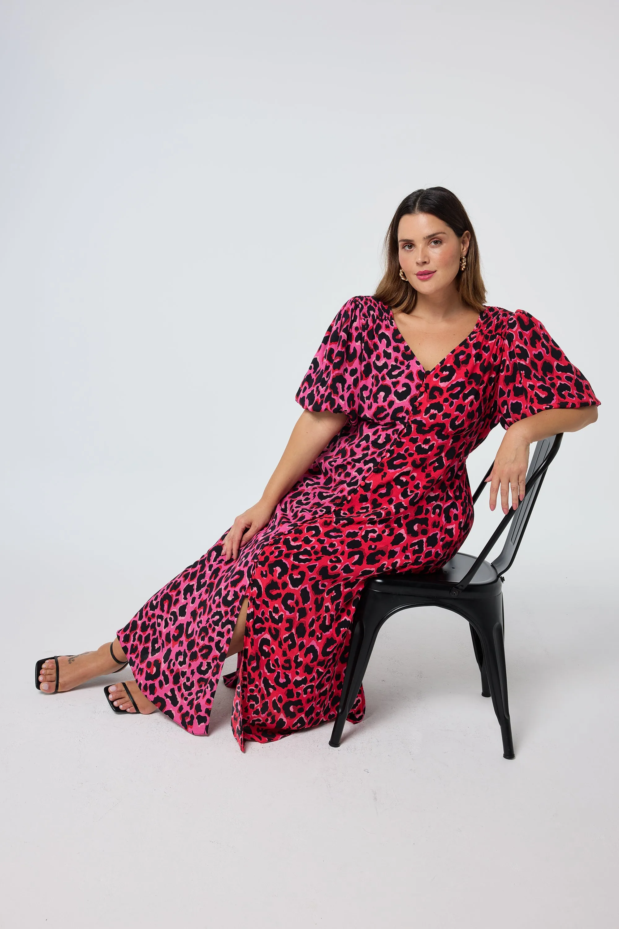 Red with Pink and Black Mix Pop Leopard Puff Sleeve Midi Tea Dress