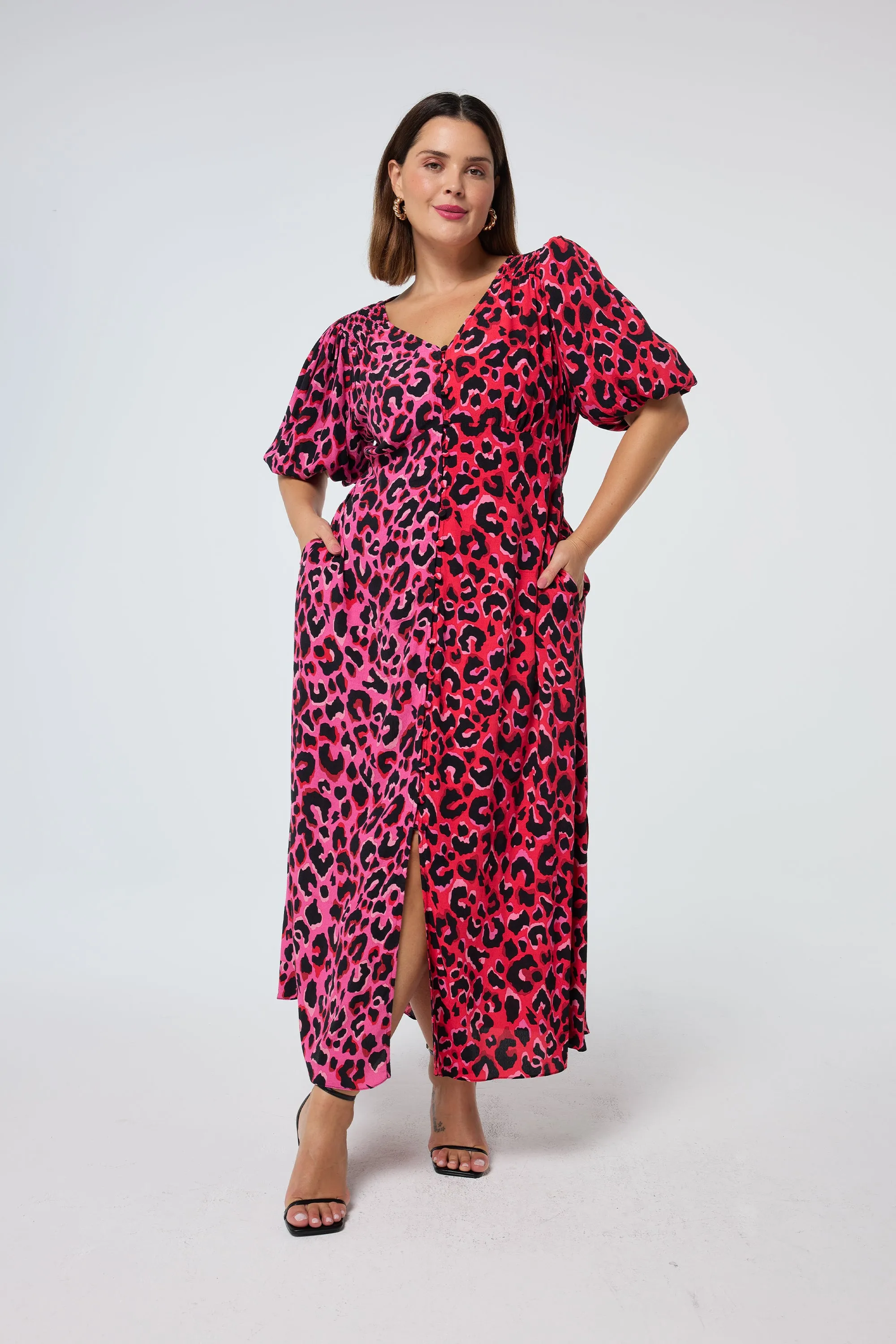 Red with Pink and Black Mix Pop Leopard Puff Sleeve Midi Tea Dress