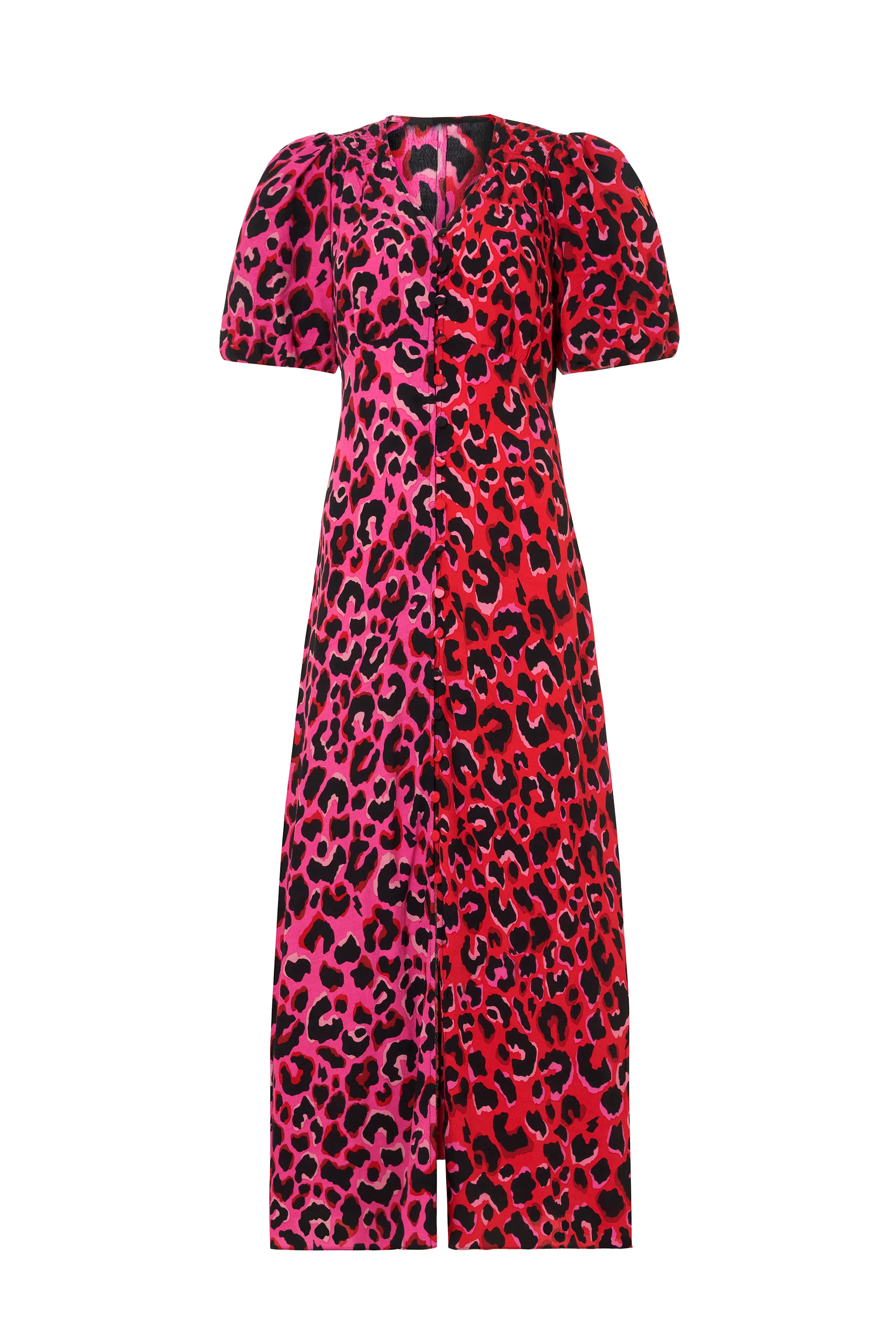 Red with Pink and Black Mix Pop Leopard Puff Sleeve Midi Tea Dress