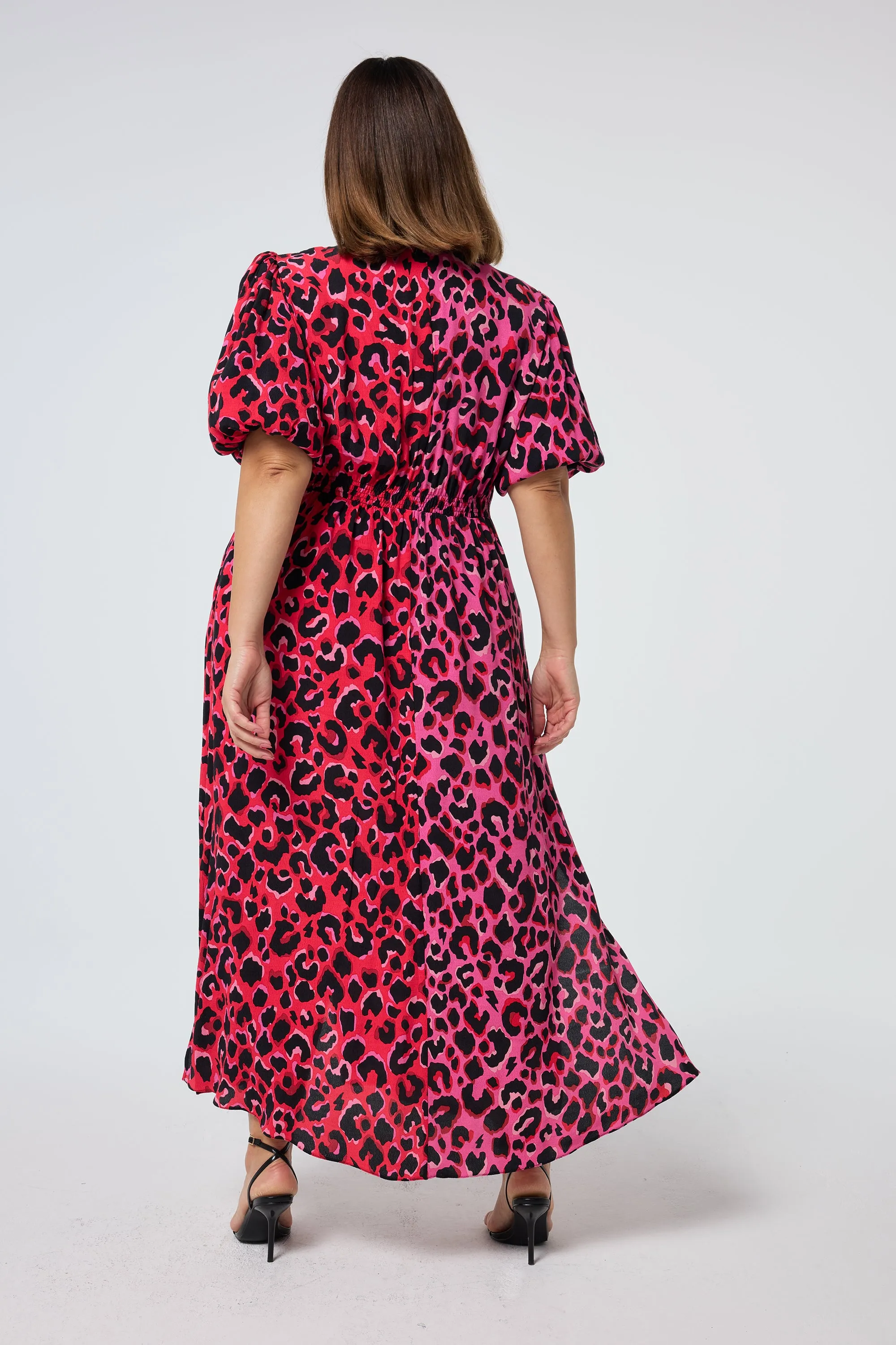 Red with Pink and Black Mix Pop Leopard Puff Sleeve Midi Tea Dress