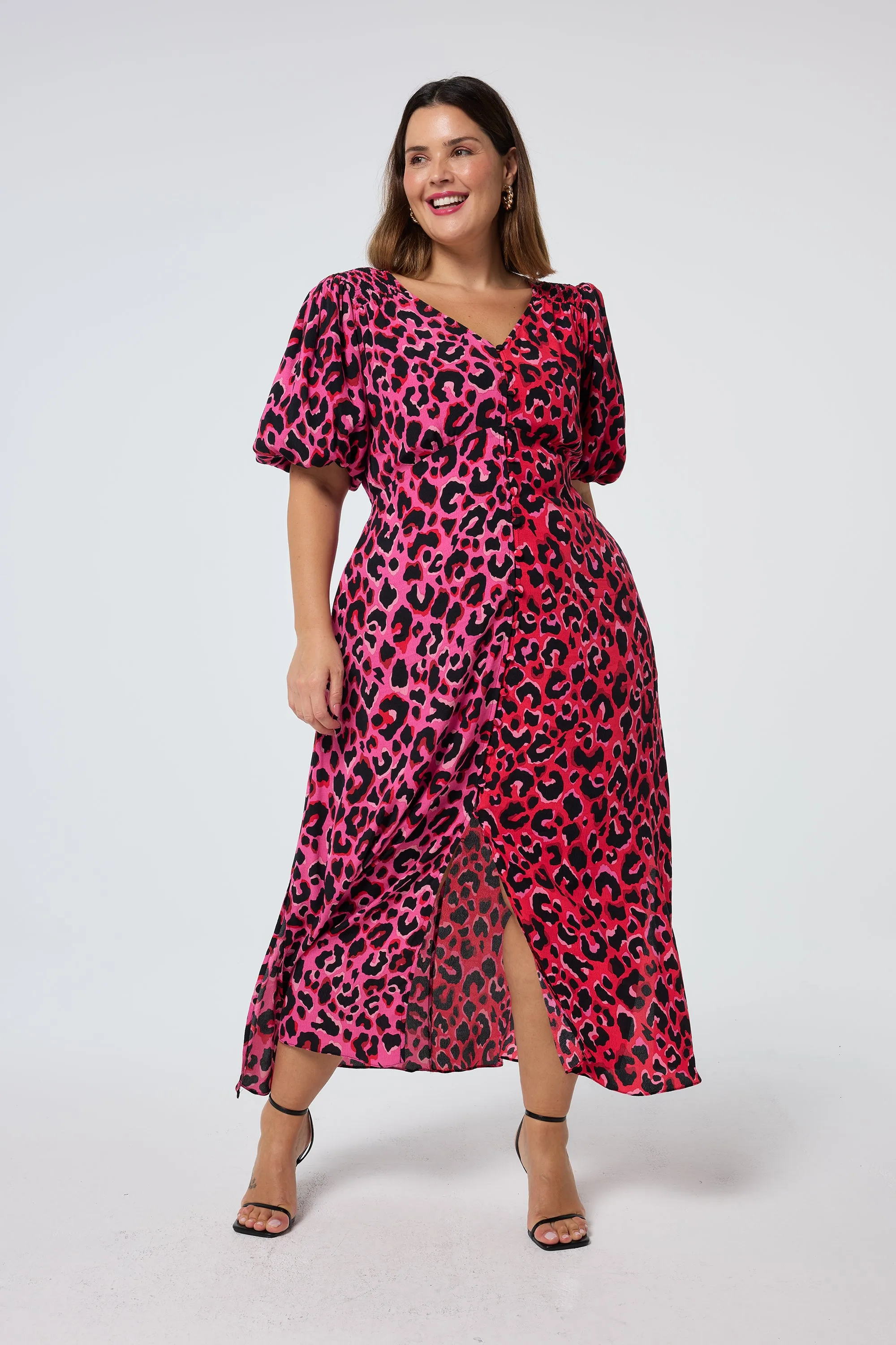 Red with Pink and Black Mix Pop Leopard Puff Sleeve Midi Tea Dress