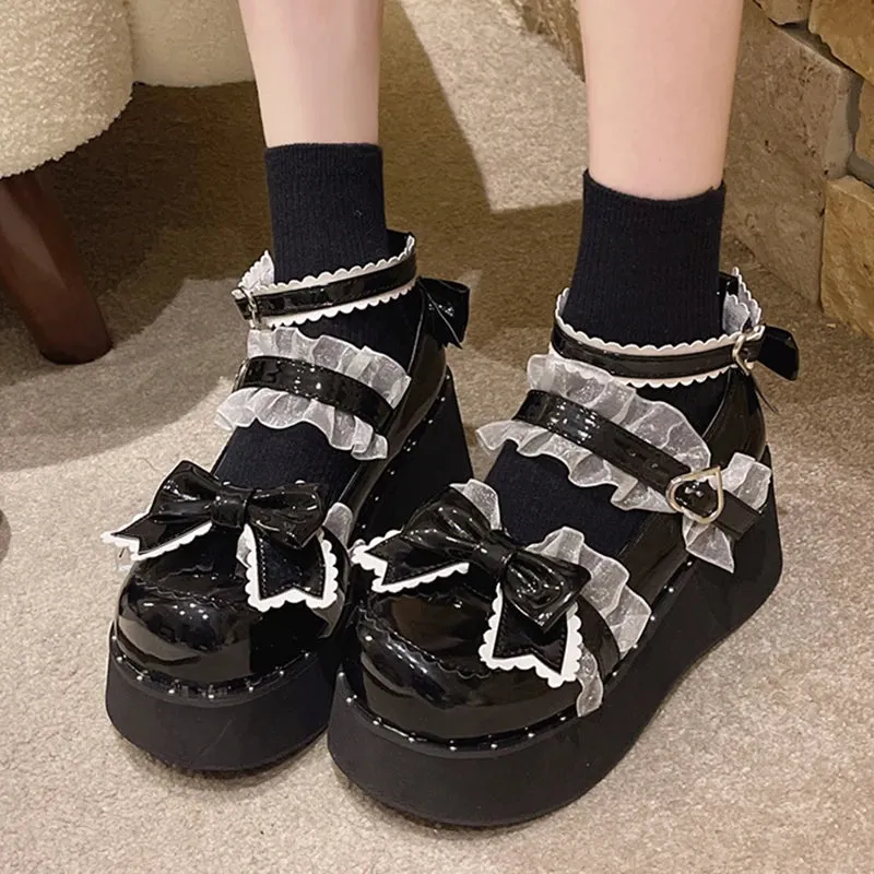 Sohiwoo Punk Goth Chunky Platform Pumps Women Autumn Bowtie Wedges Mary Jane Lolita Shoes Woman Heart Ankle Buckle Black Y2K Shoes