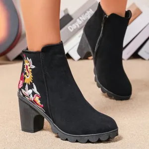 Sohiwoo Vintage Embroidery High Heels Ankle Boots for Women Side Zipper Thick Heeled Black Boots Woman Plus Size Short Booties Mujer 42