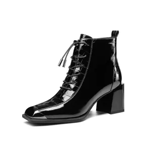 TinaCus Women's Patent Leather Handmade Square Cap-Toe Mid Chunky Heel Side Zipper Ankle Boots with Band