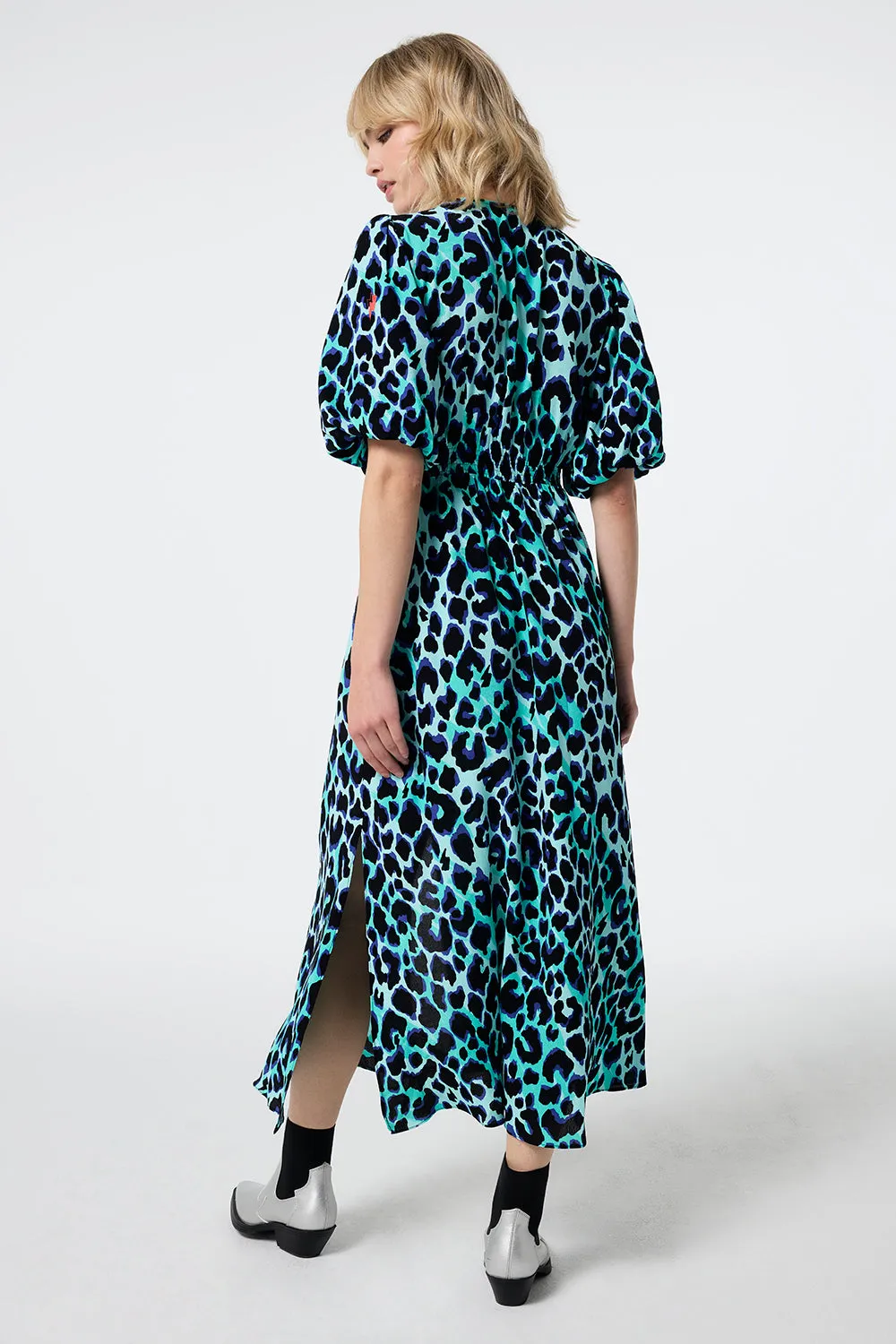 Turquoise with Black and Blue Shadow Leopard Puff Sleeve Midi Tea Dress