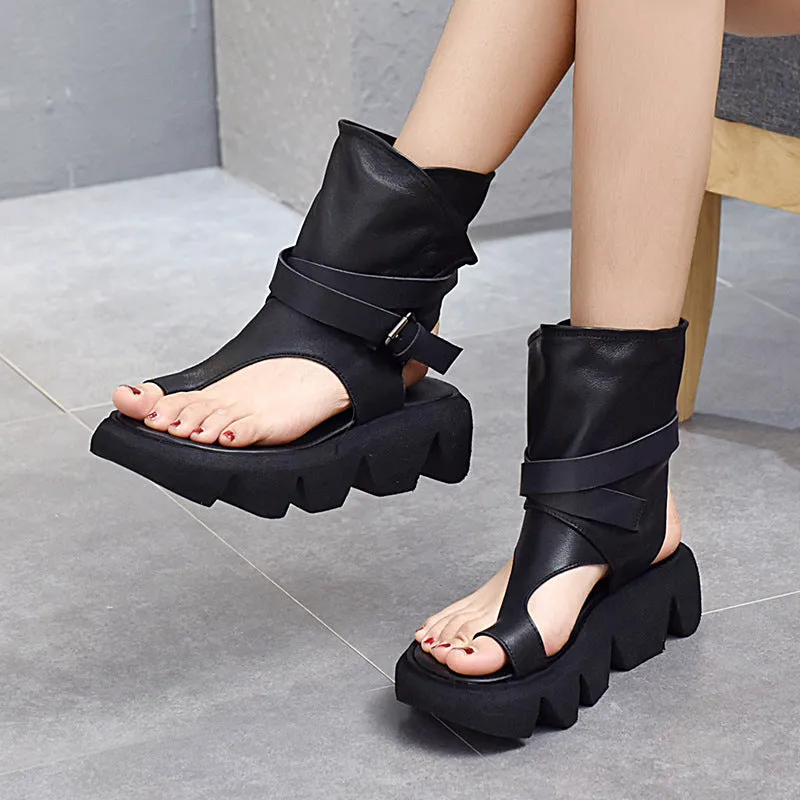 Women Toe Platform Sandals- Pamela -Belt Buckle High-top Sandals