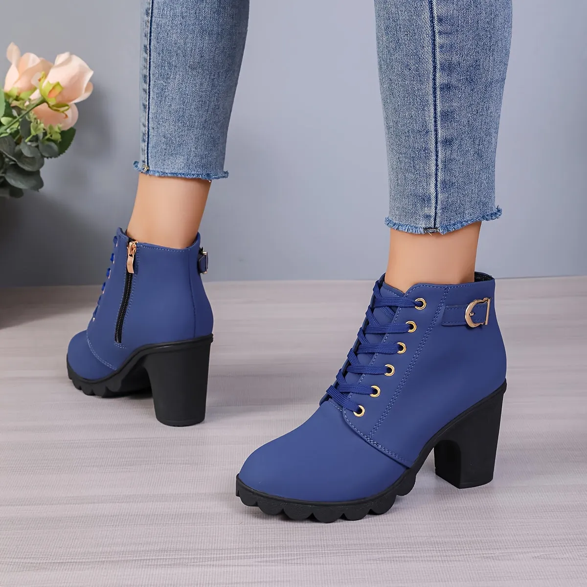 Women's Chunky Heeled Ankle Boots, Buckle Strap Side Zipper High Heeled Booties, Fashion Lace Up Short Boots