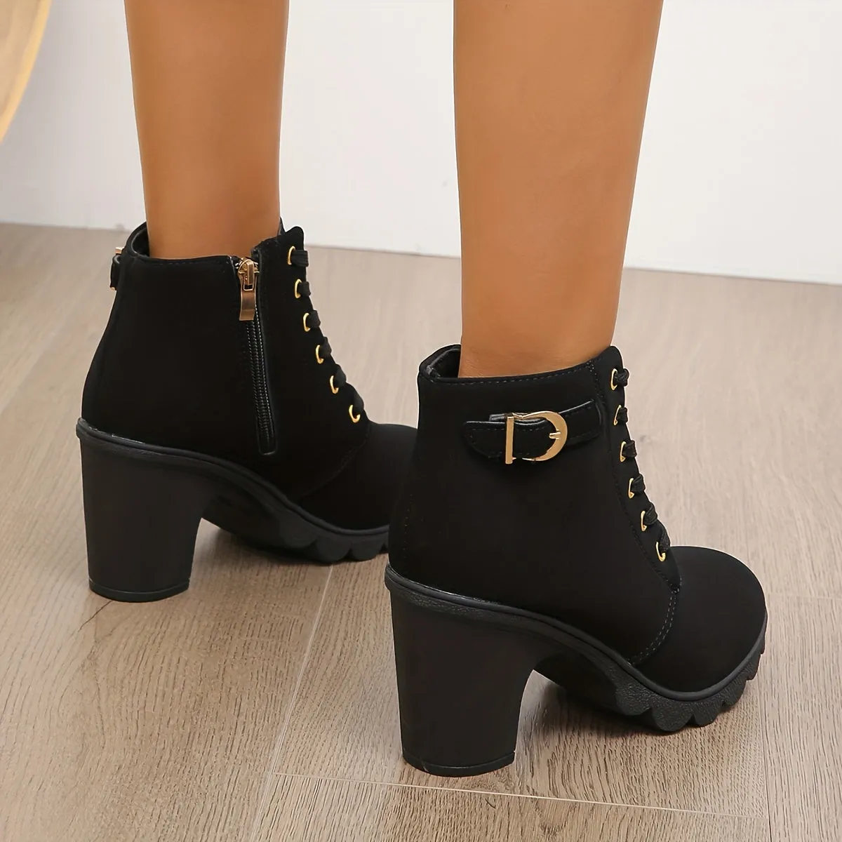 Women's Chunky Heeled Ankle Boots, Buckle Strap Side Zipper High Heeled Booties, Fashion Lace Up Short Boots