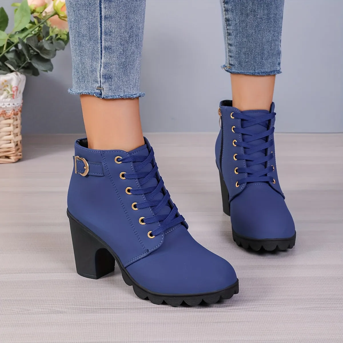 Women's Chunky Heeled Ankle Boots, Buckle Strap Side Zipper High Heeled Booties, Fashion Lace Up Short Boots