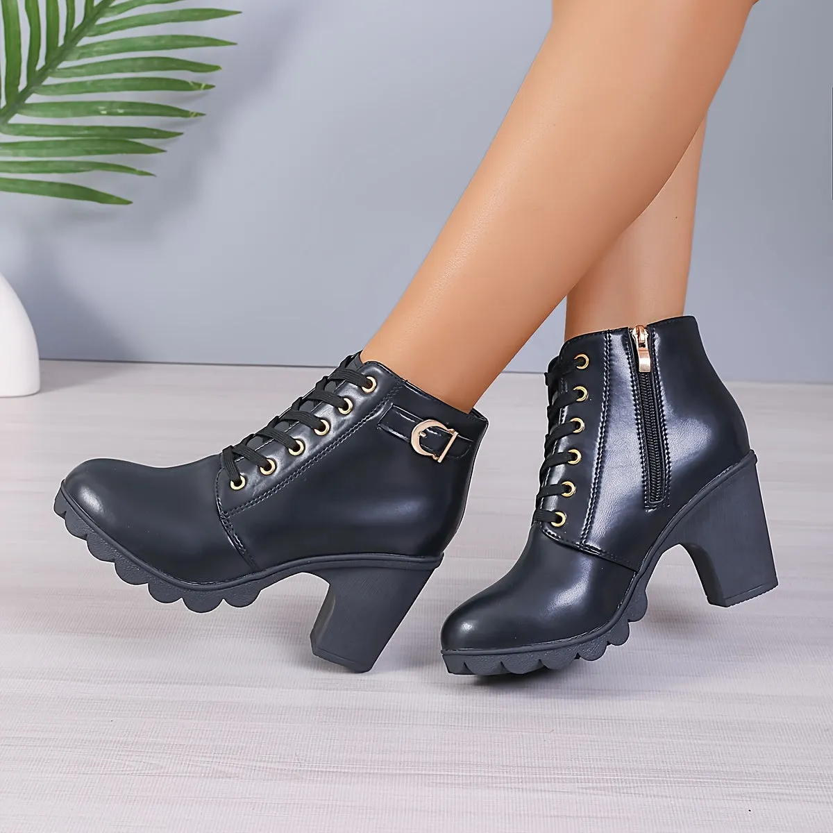 Women's Chunky Heeled Ankle Boots, Buckle Strap Side Zipper High Heeled Booties, Fashion Lace Up Short Boots