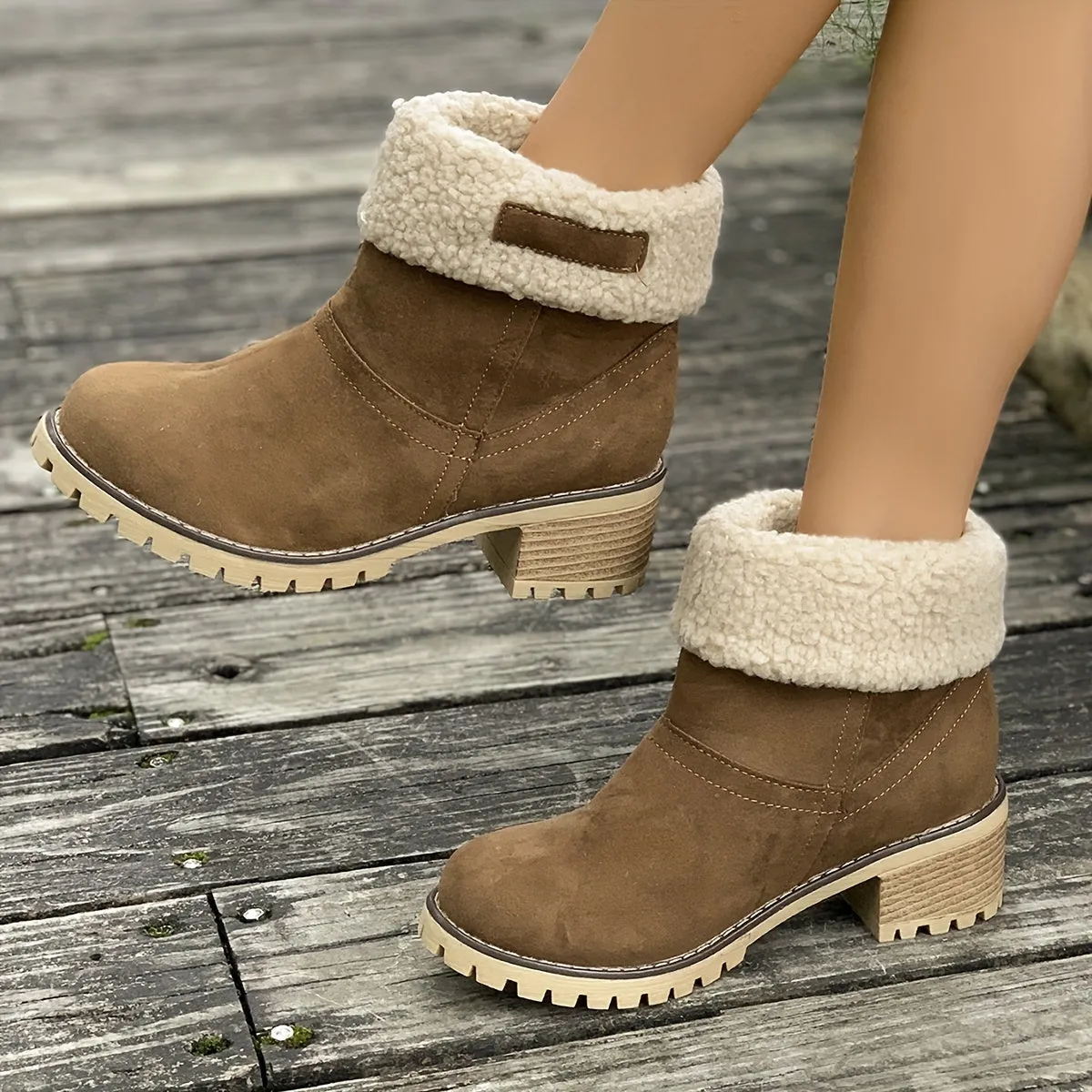 Women's Warm Plush Lined Boots, Chunky Heeled Ankle Boots, Classic & Comfortable Chelsea Boots