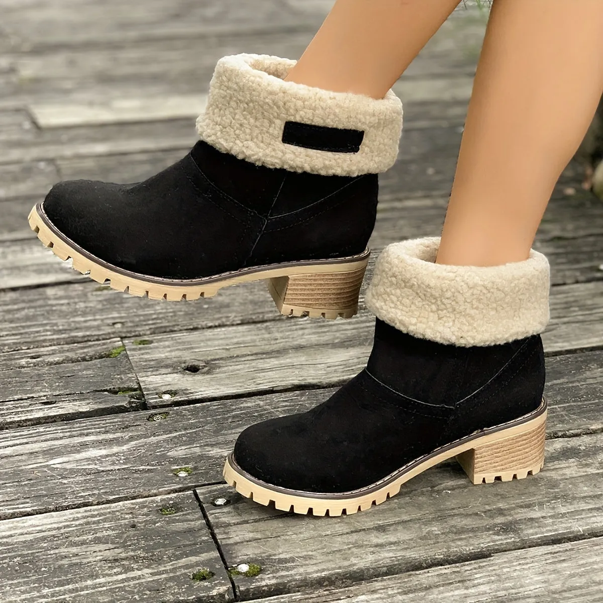 Women's Warm Plush Lined Boots, Chunky Heeled Ankle Boots, Classic & Comfortable Chelsea Boots