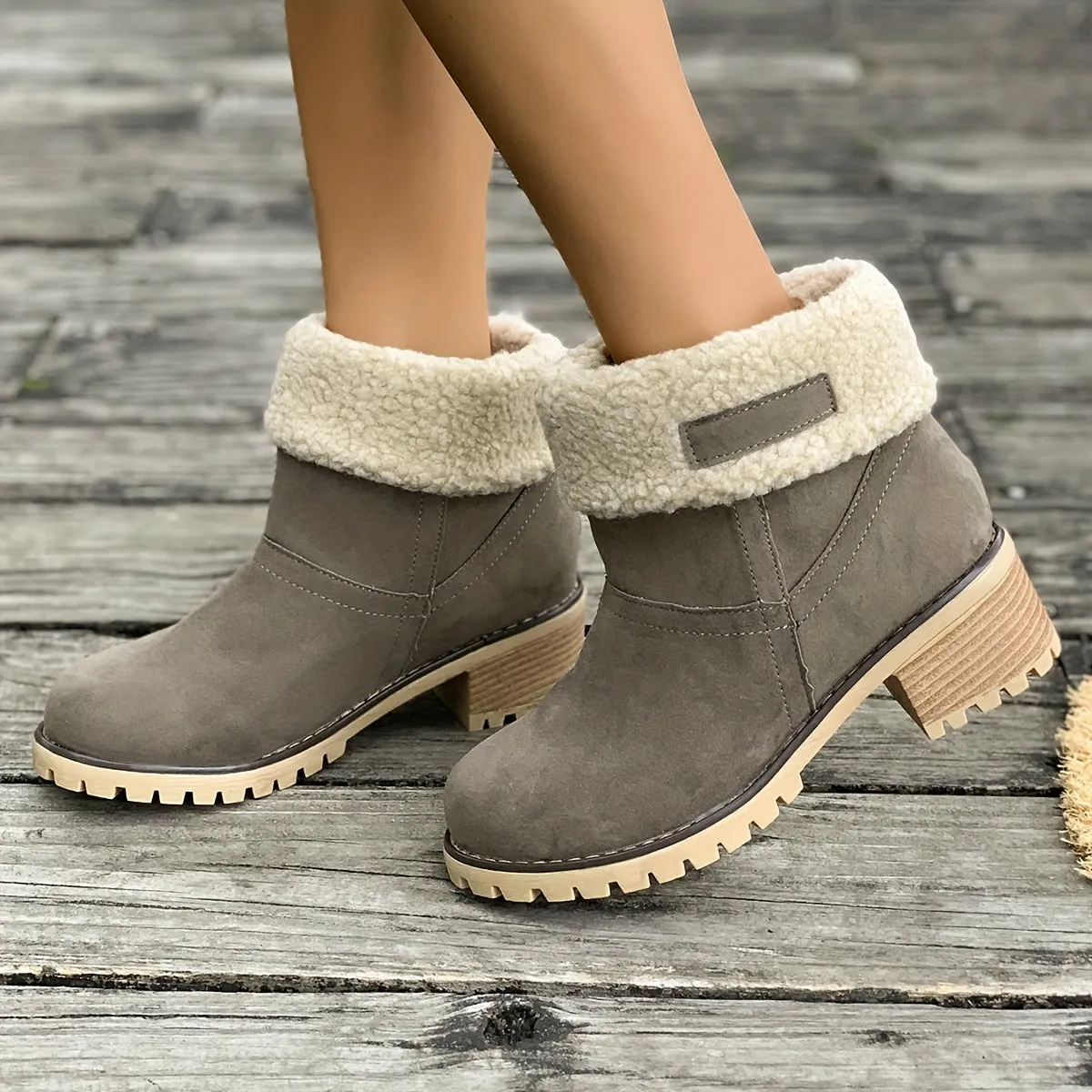 Women's Warm Plush Lined Boots, Chunky Heeled Ankle Boots, Classic & Comfortable Chelsea Boots